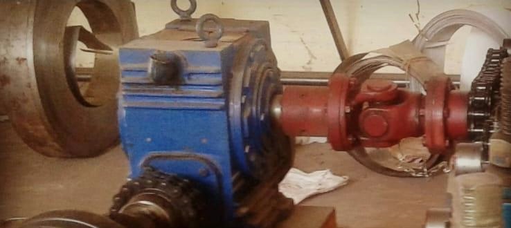 Gear drive assembly in the Thayyil Engineering Industries workshop